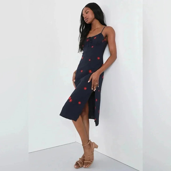 Lulus Adorable Dream Navy Blue Embroidered Empire Waist Midi Dress Floral sz M - Picture 13 of 13